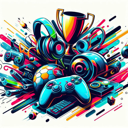 Vector illustration of a colorful abstract background with a gamepad and a cupのイラスト素材