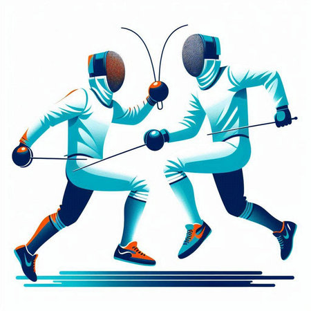 Fencing athletes with fencing equipment in action, isolated vector illustration.のイラスト素材