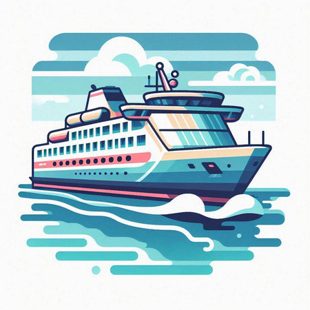 Cruise ship on the water. Vector illustration in flat style.のイラスト素材