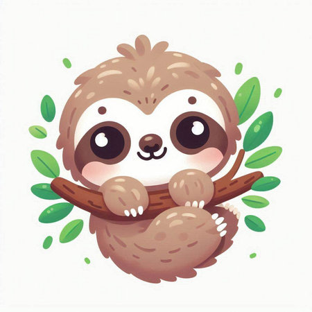 Cute cartoon sloth with leaves isolated on white background. Vector illustration.のイラスト素材