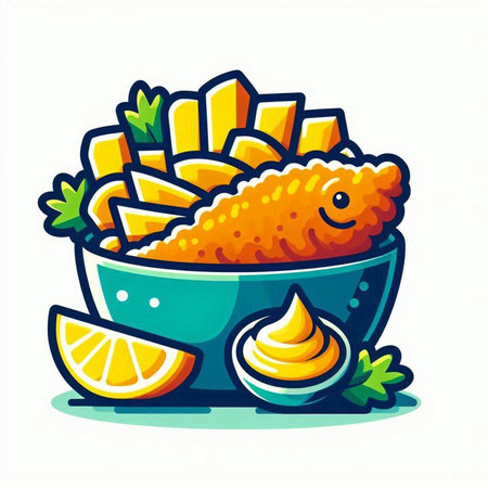 Fried fish with french fries in a bowl, vector illustration.のイラスト素材