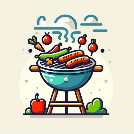 Barbecue grill with sausages and vegetables. Vector illustration.のイラスト素材