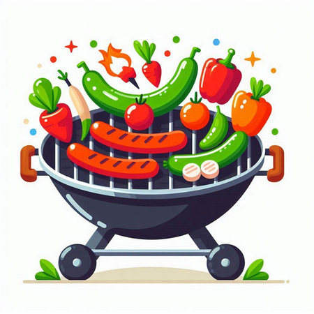 BBQ grill with vegetables and meat. Vector illustration in cartoon style.のイラスト素材