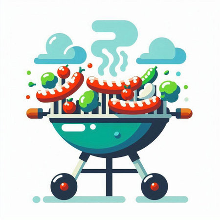 Barbecue grill with sausages and vegetables. Vector illustration.のイラスト素材