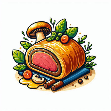 Vector illustration of smoked meat roll with mushrooms and spices on white backgroundのイラスト素材