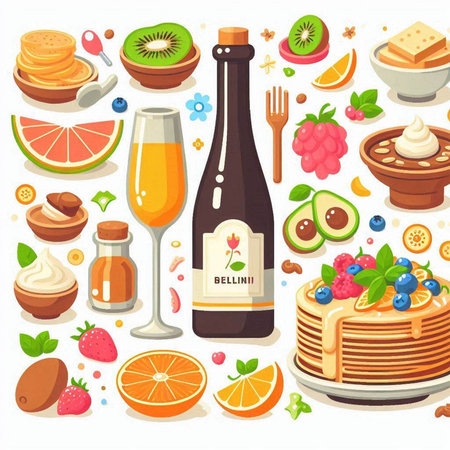 Pancakes, berries, honey, champagne, ice cream, chocolate, orange, strawberries, kiwi, cranberries, blueberry, strawberry, orange, lemon, honey. Vector illustration.のイラスト素材