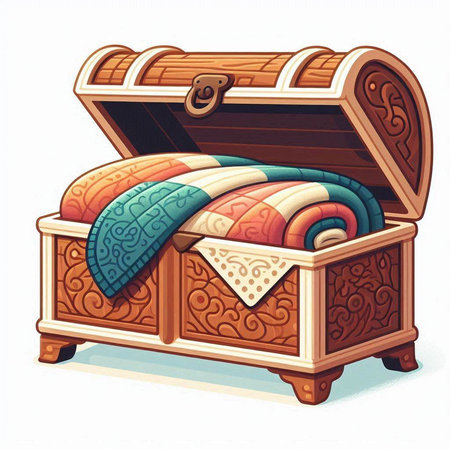 Wooden chest with a set of pillows. Vector illustration.のイラスト素材