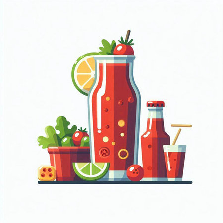 Vector illustration of a glass of red smoothie with lime, tomato, cucumber and parsley.のイラスト素材