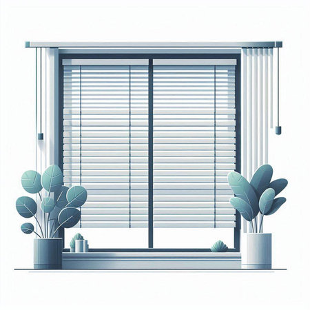 Illustration of a window with blinds and plants on a white backgroundのイラスト素材