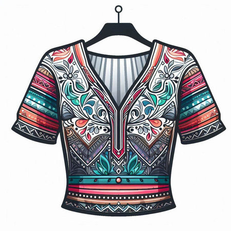 T-shirt design. Colorful ethnic patterned blouse. Vector illustration.のイラスト素材