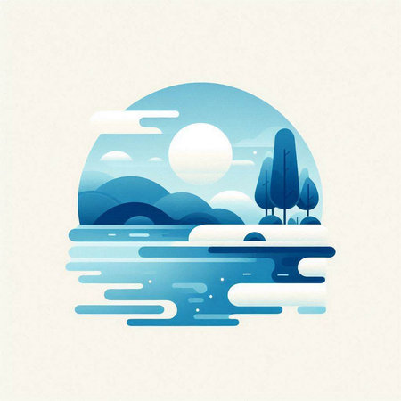 Vector illustration of a landscape in the style of flat design, with a silhouette of trees and a lake.のイラスト素材