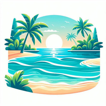 Tropical island with palm trees and sea. Vector illustration.のイラスト素材