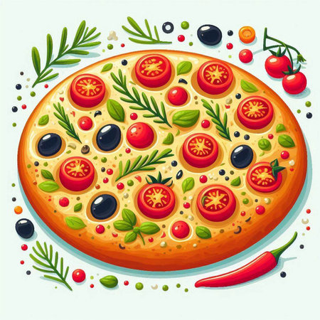 Pizza with tomatoes, olives and herbs. Vector illustration.のイラスト素材