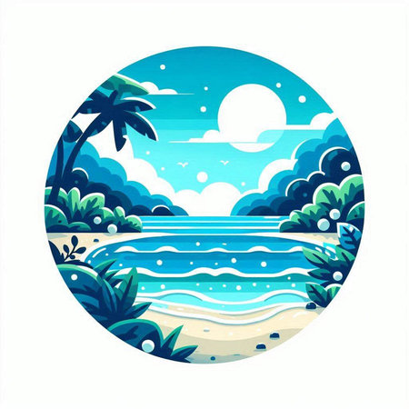 Tropical beach with palm trees and sea. Vector illustration.のイラスト素材
