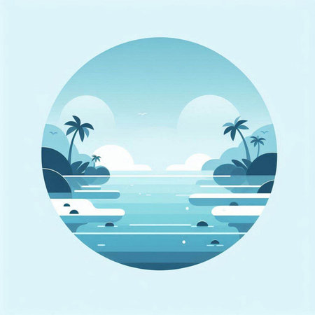 Summer beach with palm trees. Vector illustration in a flat style.のイラスト素材
