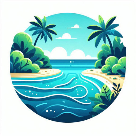 Tropical beach in round shape on white background. Vector illustration.のイラスト素材