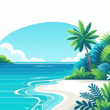 Illustration of a tropical beach with palm trees on a white backgroundのイラスト素材