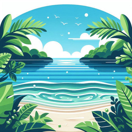 Tropical beach background with palm trees and sea. Vector illustration.のイラスト素材