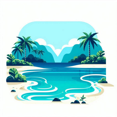 tropical island with palm trees and turquoise water vector illustrationのイラスト素材