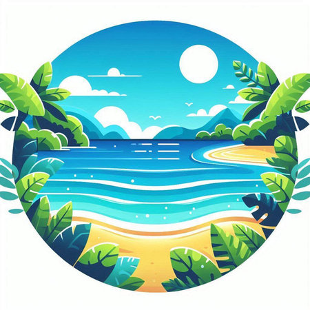 Tropical beach with palm trees and sea. Vector illustration.のイラスト素材