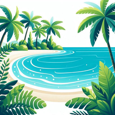 Tropical beach with palm trees and sea. Vector illustration.のイラスト素材