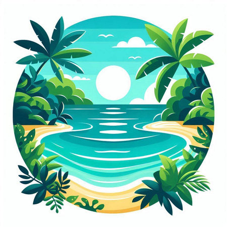 Tropical beach with palm trees. Vector illustration in flat styleのイラスト素材