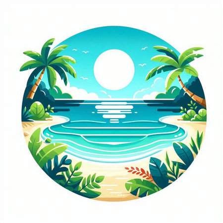 Tropical beach with palm trees and sea waves. Vector illustration.のイラスト素材