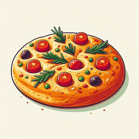 Pizza with tomato, olives and herbs. Vector illustration.のイラスト素材
