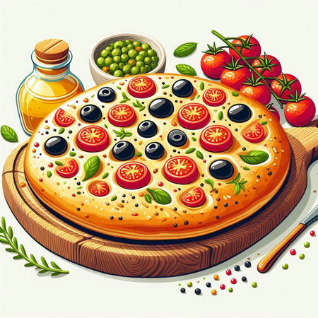 Illustration of a pizza with olives and tomatoes on a wooden boardのイラスト素材
