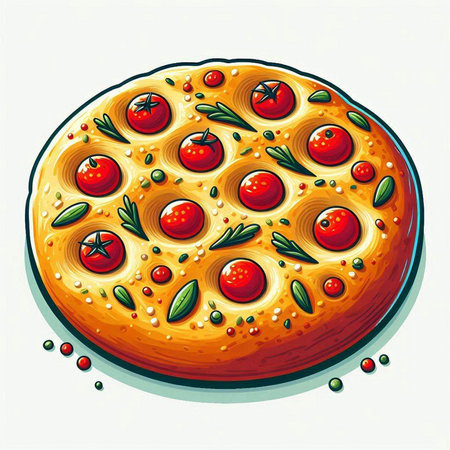 Illustration of a pizza with cherry tomatoes and herbs on a white backgroundのイラスト素材