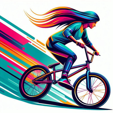 Cyclist woman riding bicycle on colorful background. Vector illustration.のイラスト素材