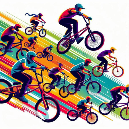 Cyclists in action on a colorful background. Vector illustration.のイラスト素材