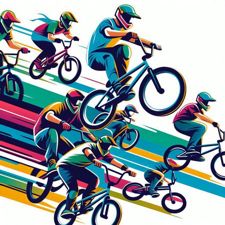 Bicyclists on the background of the colored stripes. Vector illustrationのイラスト素材