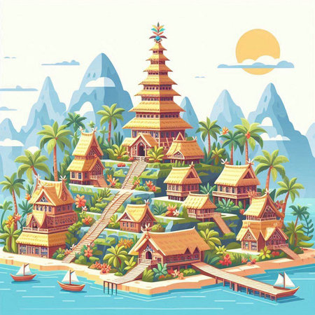 Buddhist temple on the island in the sea. Vector illustrationのイラスト素材