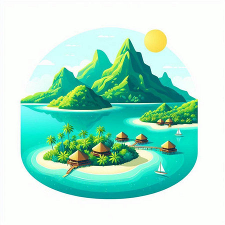 Beautiful island with palms and boats on the water. Vector illustrationのイラスト素材