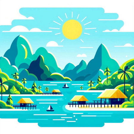 vector illustration of a tropical island with a bungalows and palm treesのイラスト素材