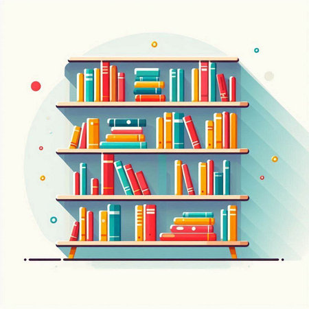Illustration of bookshelves with colorful books. Vector illustration.のイラスト素材