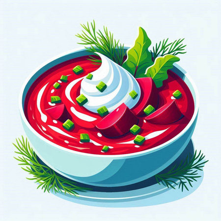 Vector illustration of a bowl of beet soup with sour cream and dillのイラスト素材
