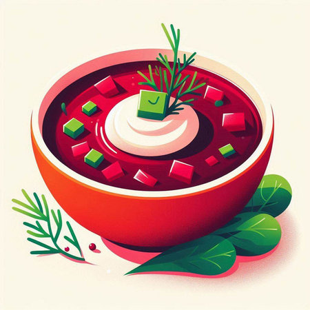 Borscht with sour cream and dill. Vector illustration.のイラスト素材