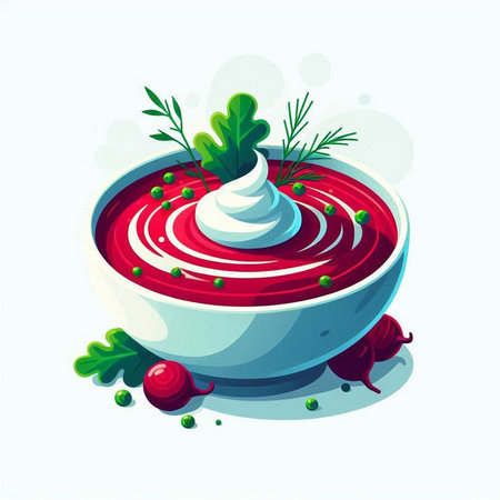 Vector illustration of a bowl of borscht with sour cream and greensのイラスト素材
