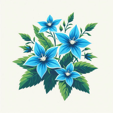 Bouquet of blue flowers with green leaves. Vector illustration.のイラスト素材