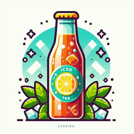 Vector illustration of a bottle of cola with lemon and mint leaves.のイラスト素材