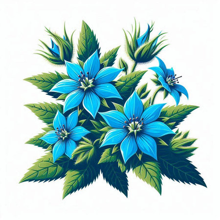 Blue flowers with green leaves isolated on white background. Vector illustration.のイラスト素材