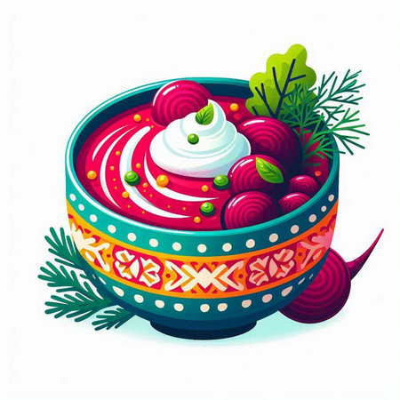 Vector illustration of a bowl with beetroot soup with sour cream.のイラスト素材