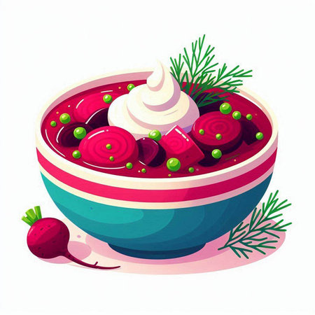 Beetroot soup with sour cream in bowl. Vector illustration.のイラスト素材