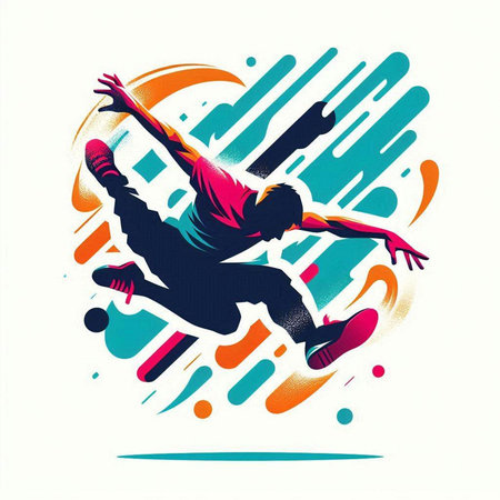 illustration of a breakdancer jumping in the air with colorful backgroundのイラスト素材