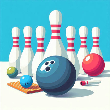 Bowling game with pins and bowling ball. Vector illustration in cartoon style.のイラスト素材