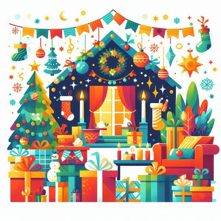 Vector illustration of Christmas house with presents and ornaments on white backgroundのイラスト素材