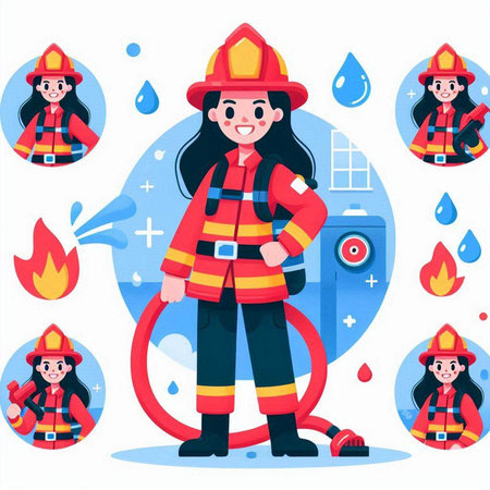Firefighter character in flat style. Vector illustration on white background.のイラスト素材
