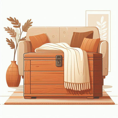 Wooden chest with a blanket and pillows. Vector illustration.のイラスト素材
